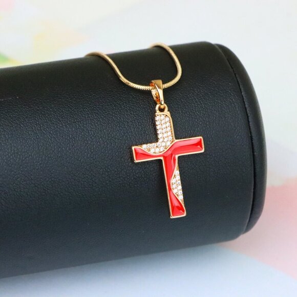 "Rose Gold Cross Pendant with Red Enamel and CZ Stone Detailing, XPPT1399 - Picture 6 of 13